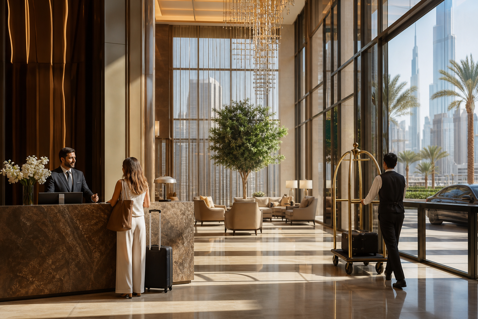 Luxury branded residence lobby in Dubai with concierge and hotel-style arrival experience