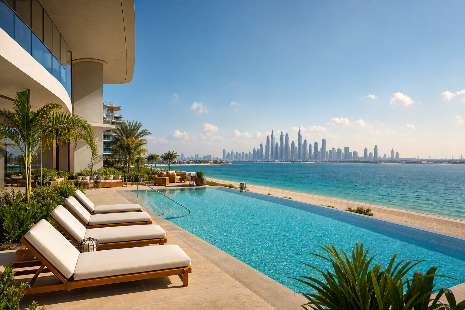 Palm Jumeirah branded residence pool terrace with beach and skyline views