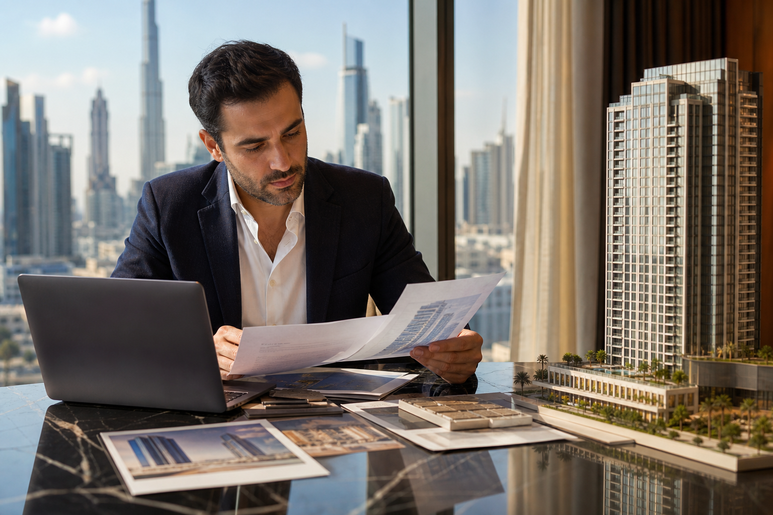 Investor comparing DLD fee promotions on Dubai off-plan property