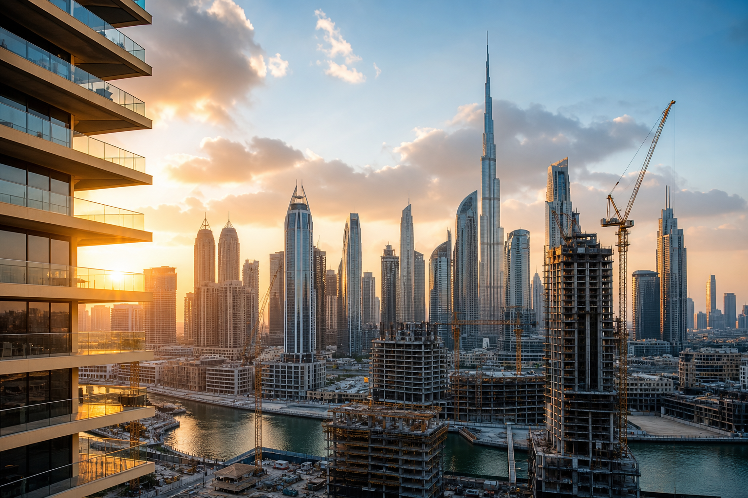 Luxury Dubai skyline with construction cranes and completed towers