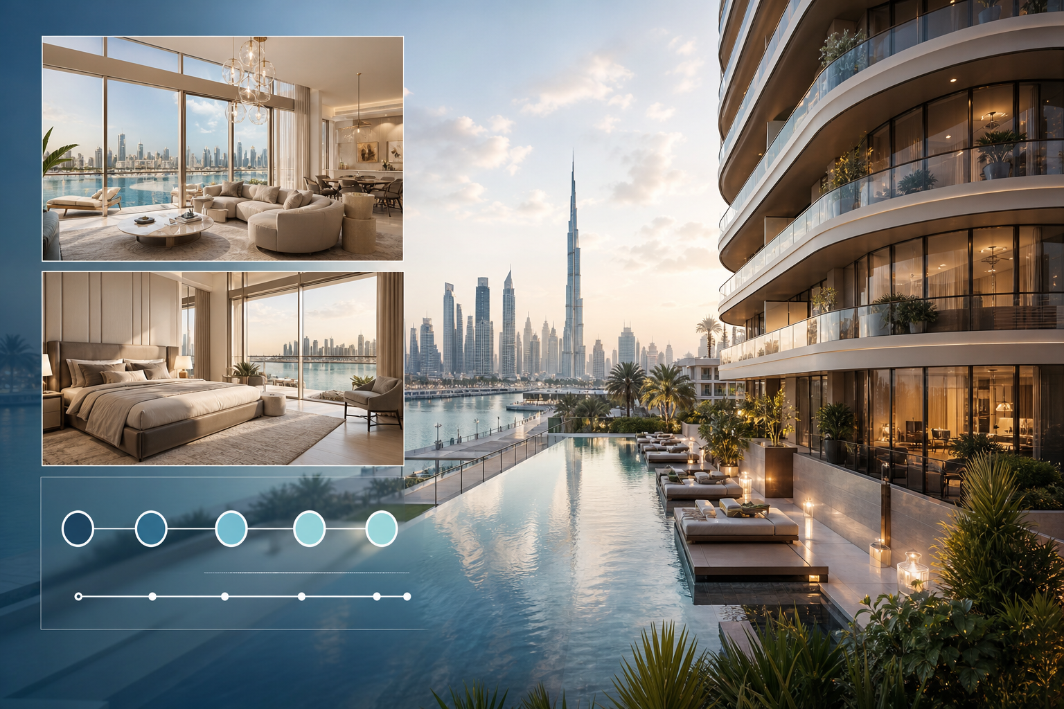 Modern Dubai off-plan development with payment plan infographic