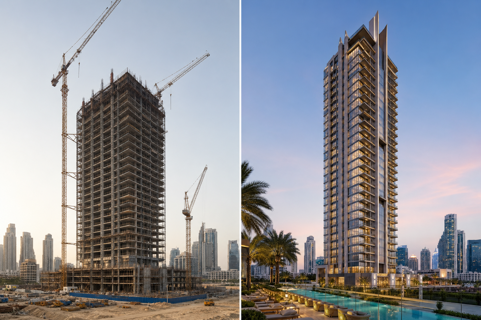 Split-screen comparison showing off-plan construction site versus completed luxury tower