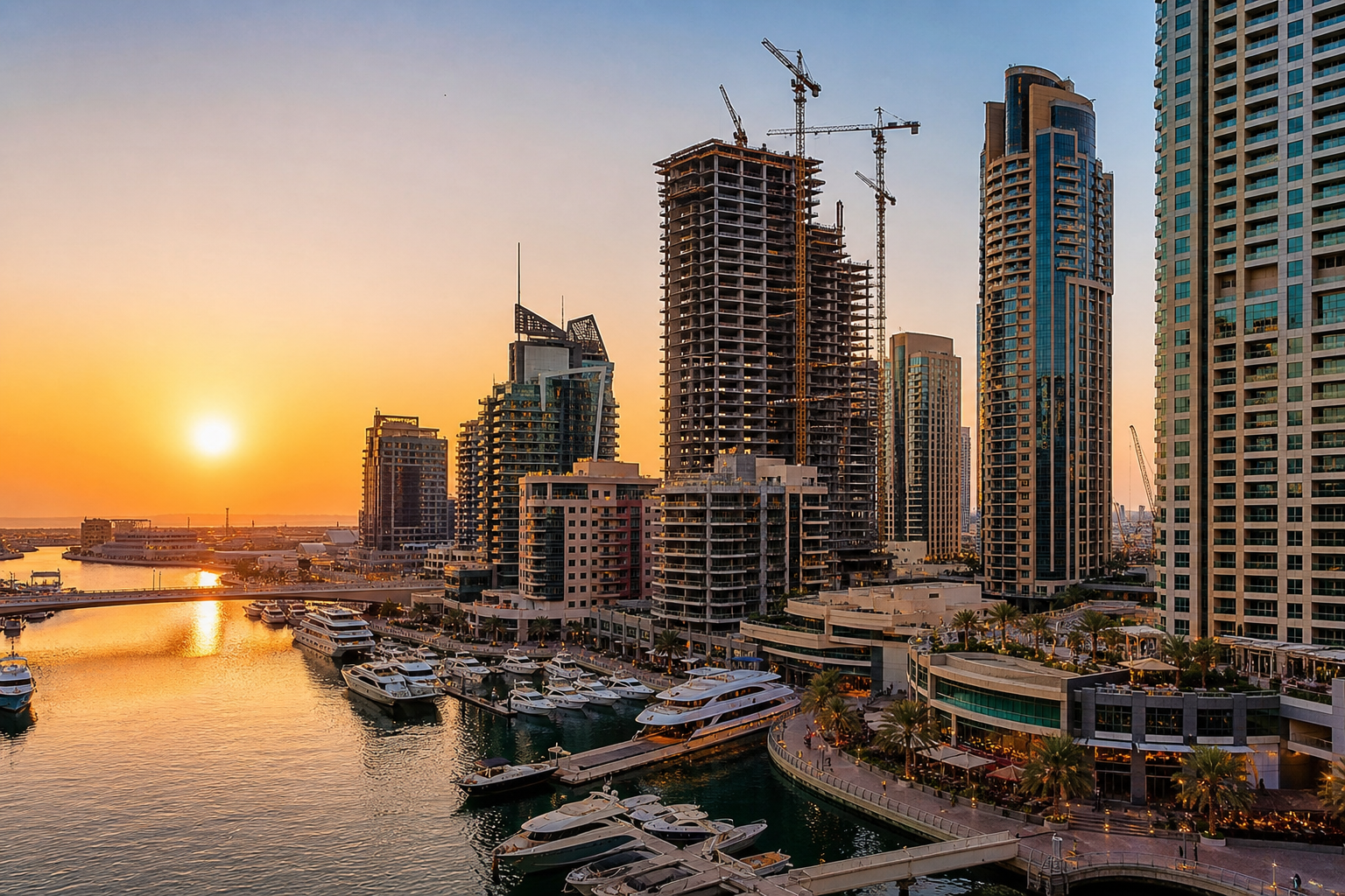 Luxury Dubai marina with mix of under-construction and completed towers at sunset