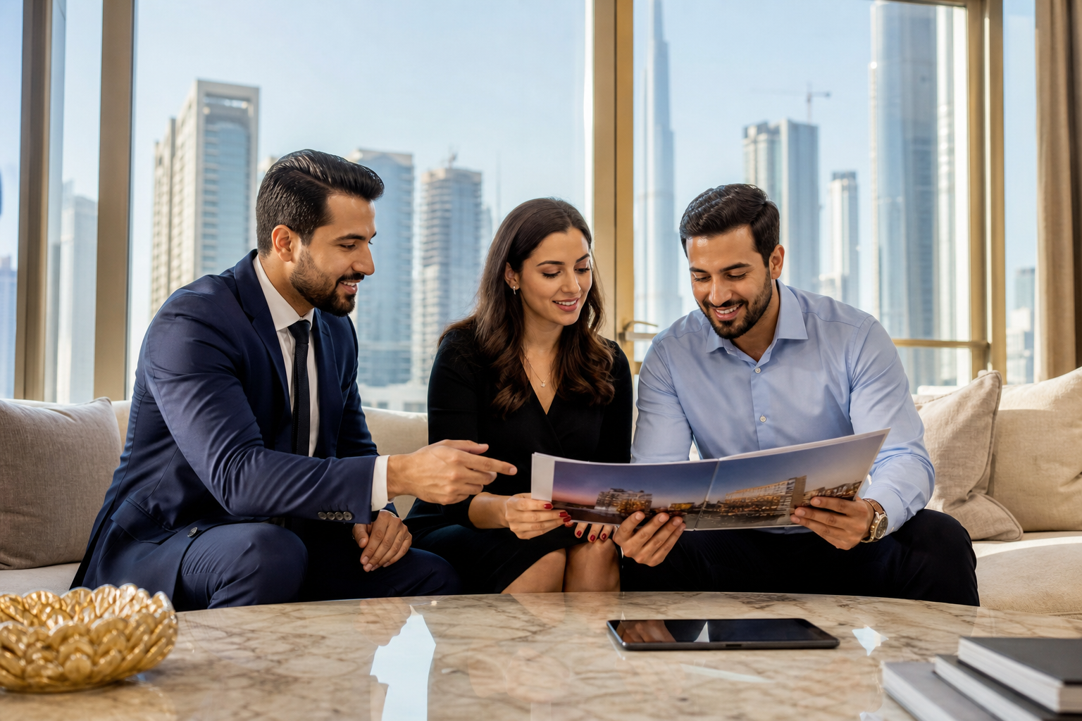 Professional real estate consultant reviewing off-plan property brochures with clients