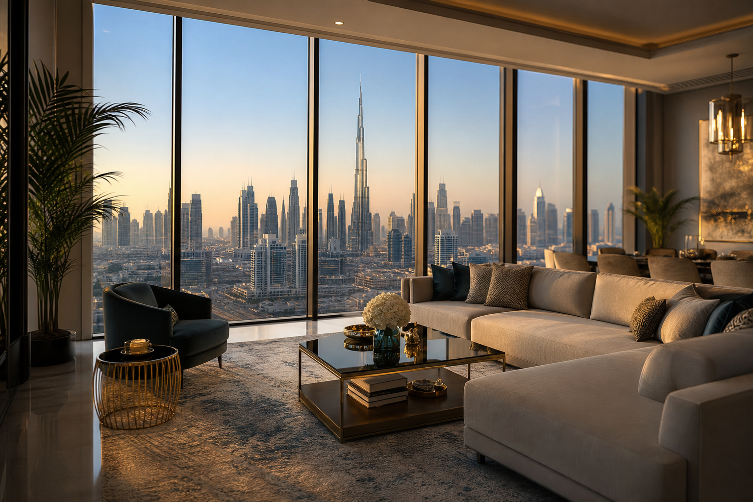 Luxury apartment interior with Dubai skyline views