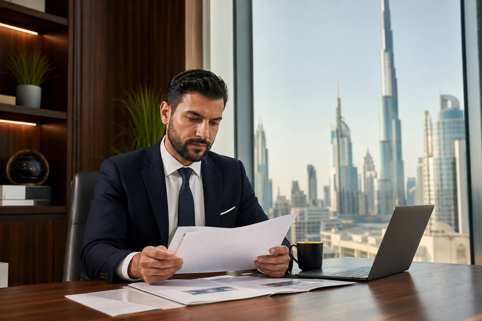 Professional reviewing Dubai property SPA documents in modern office