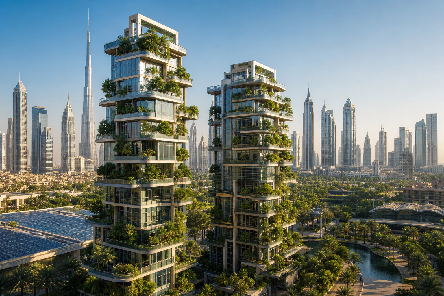 Modern Dubai skyline showcasing sustainable architecture and smart buildings