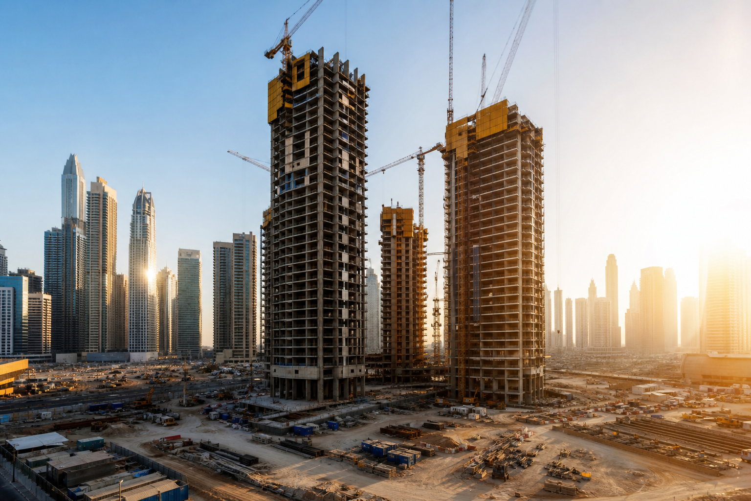 Dubai off-plan construction site with high-rise towers under development