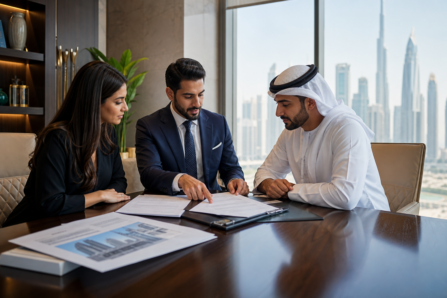 Professional meeting showing RERA documentation and escrow agreements