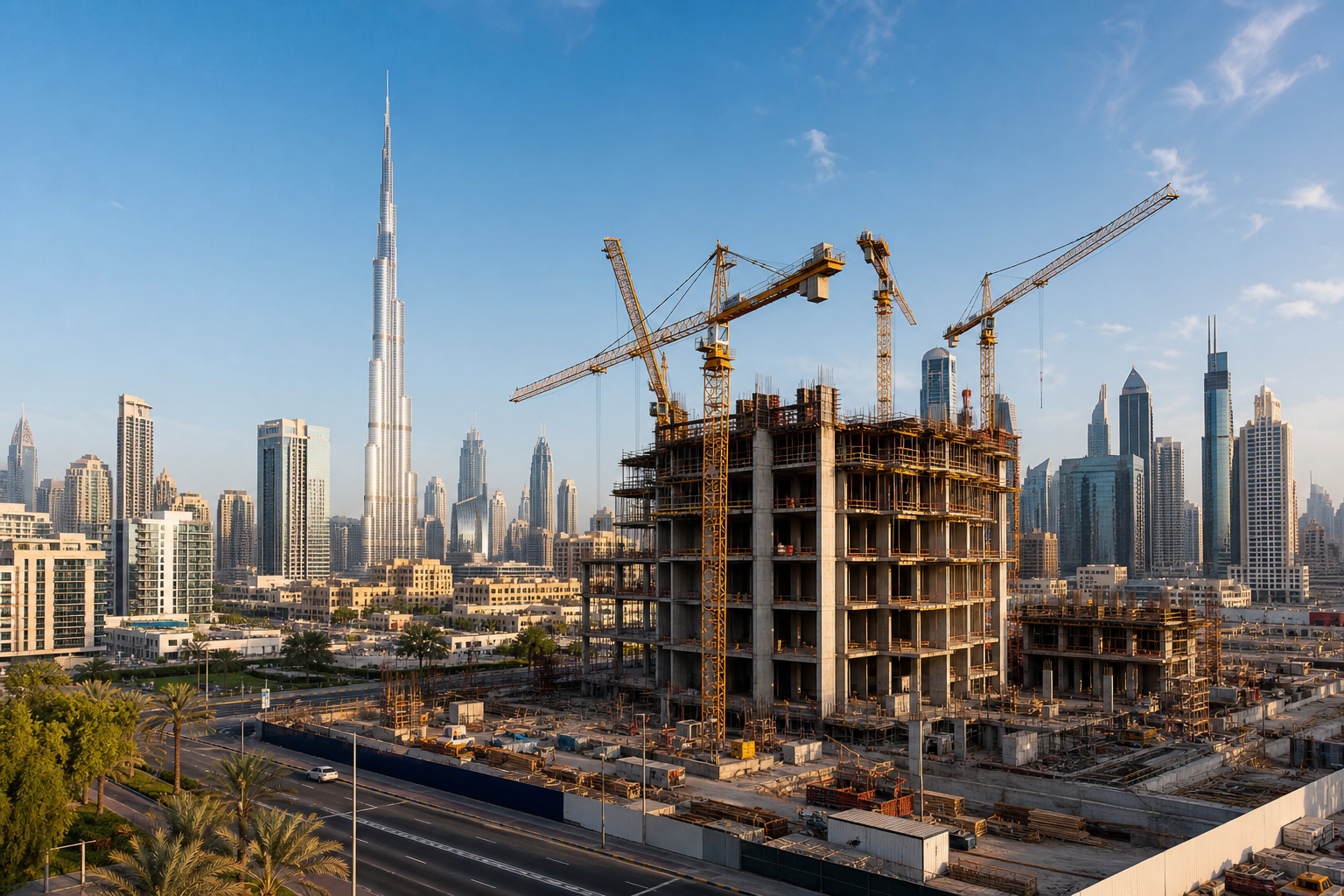 Modern Dubai development under construction with cranes and progress